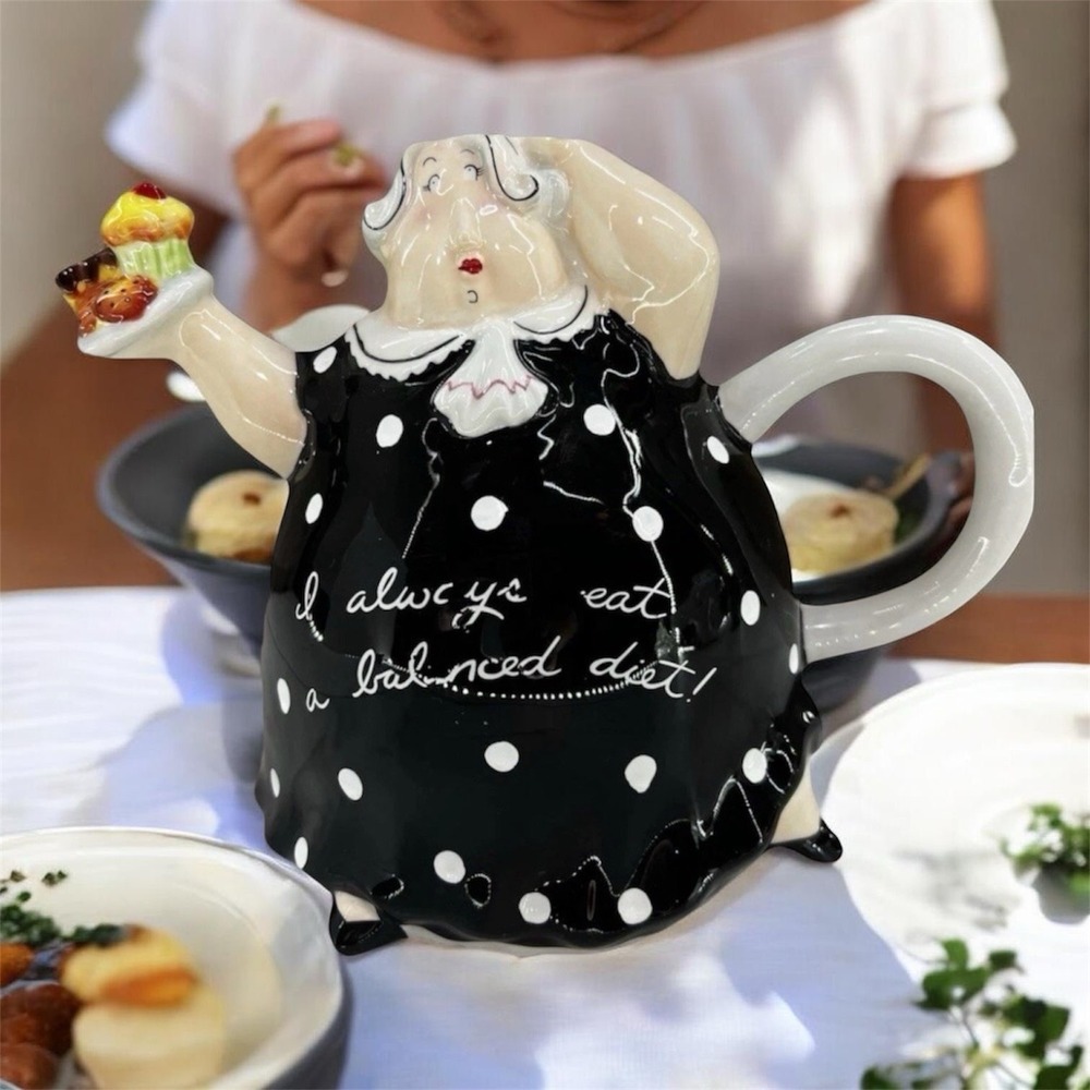 RARE Vintage Mud Pie Fat Lady Tea Pot "I Always Eat A Balanced Diet"